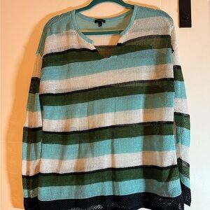 Talbots V-Neck Sweater with Stripes - Aqua, Green, White, Black